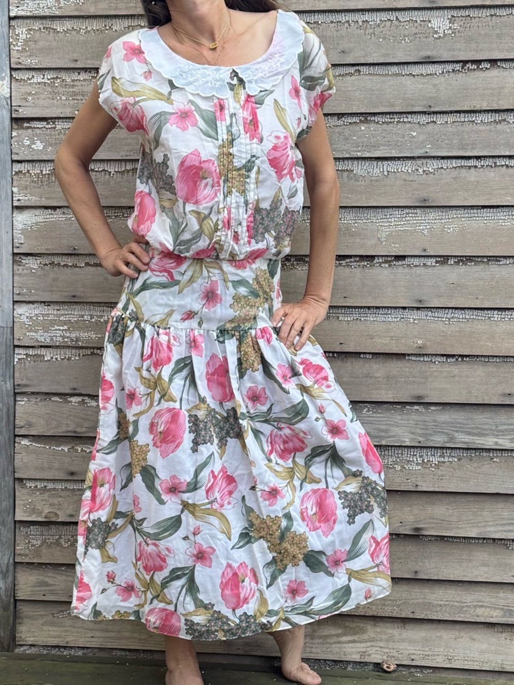 VTG Drop Waist Floral Print Maxi - Modest Spring Dress - High Neck Lace Collar - Picture 3 of 12